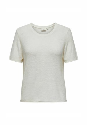 T-shirt blanc à manches courtes avec un col rond, tissu texturé et coupe décontractée. Ourlet droit avec un détail de couture minimal.