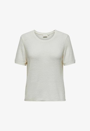 Lühikeste varrukatega valge t-särk ümarate kaelustega, tekstuuriga kangast ja vabalt istuv. Otseäärse, minimaalse õmbluse detailiga.