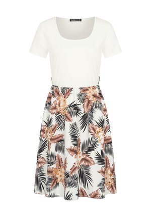 White short-sleeve dress featuring a squared neckline, elastic waistband, and a floral pattern in browns and greens on a white background.