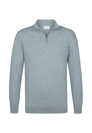 Light blue pullover sweater with a quarter-zip collar. Made of soft fabric, features long sleeves and ribbed cuffs and hem.