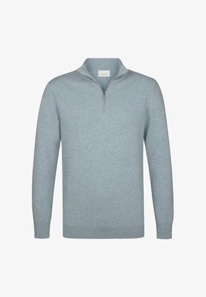 Light blue pullover sweater with a quarter-zip collar. Made of soft fabric, features long sleeves and ribbed cuffs and hem.