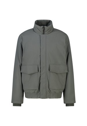 Graue gesteppte Jacke mit hohem Kragen, Frontreißverschluss mit Klappe, zwei großen Fronttaschen mit Klappe und elastischem Bund sowie Bündchen.
