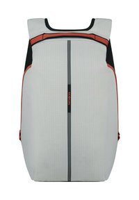 Gray and black backpack with thin grid pattern, vertical black stripe with red "Samsonite" logo, and red accents on sides and top.