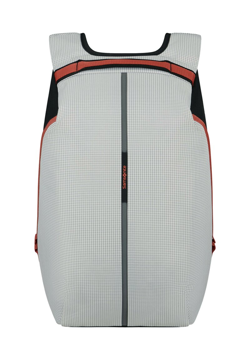 Gray and black backpack with thin grid pattern, vertical black stripe with red "Samsonite" logo, and red accents on sides and top.