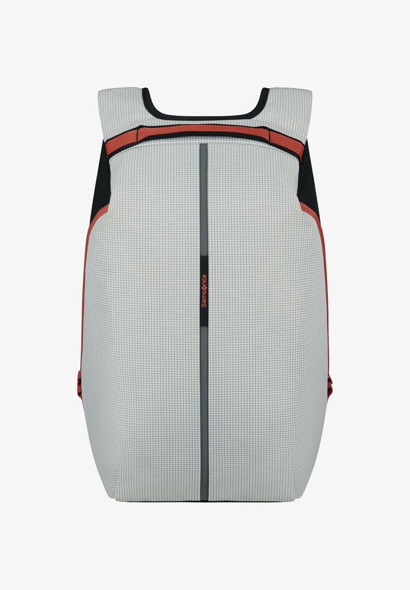Gray and black backpack with thin grid pattern, vertical black stripe with red "Samsonite" logo, and red accents on sides and top.