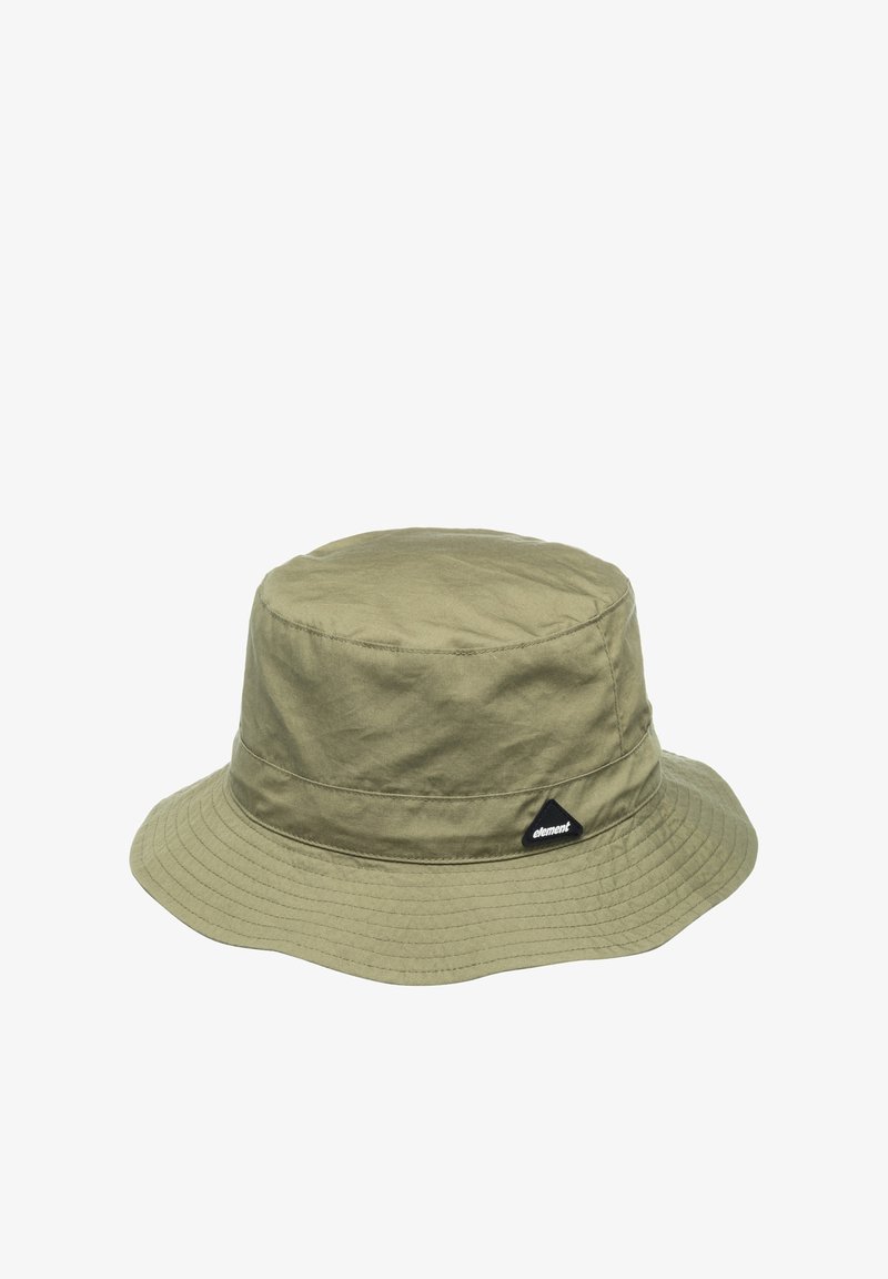 Olive green bucket hat made of lightweight fabric, featuring a wide brim and a triangular black logo patch on the side. Smooth texture.