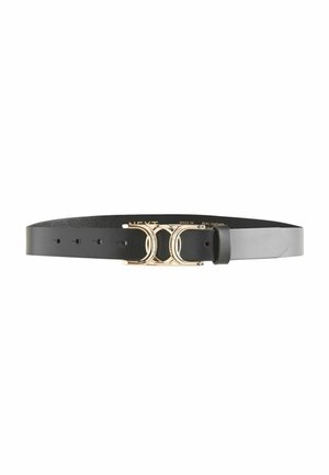 Ceinture en cuir noir avec une boucle dorée en forme de double C et plusieurs trous d'ajustement.