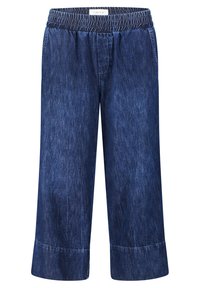 Pantalon large en denim bleu raccourci, avec taille élastique et poches latérales, détails cousus près de l'ourlet.