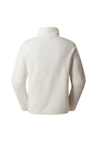 White fleece pullover with a high collar, featuring a small blue logo on the upper back. The fabric has a soft texture.