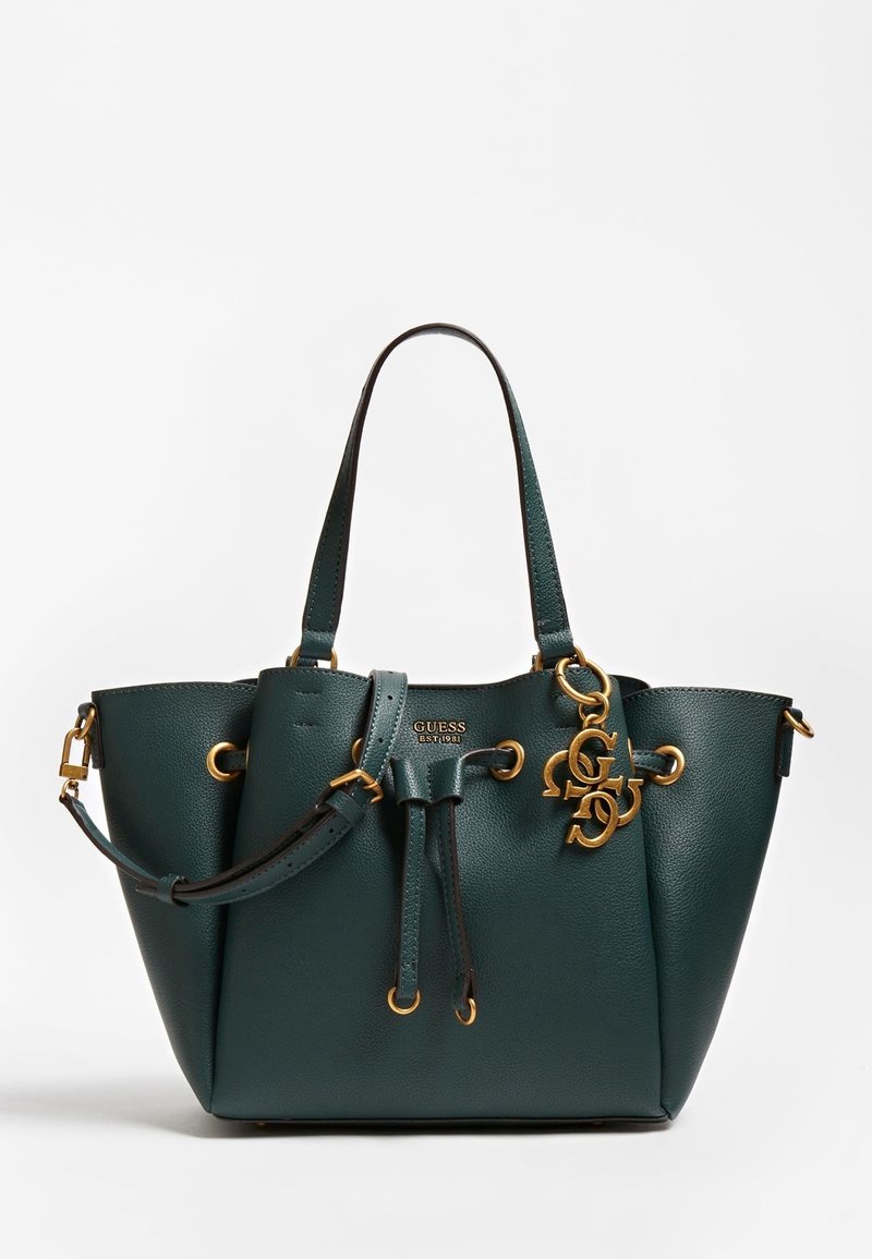 Sac à main en cuir vert foncé avec doubles poignées, ferrures dorées, fermeture à cordon et breloques logo dorées décoratives à l'avant.