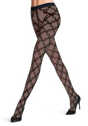 Schwarze gemusterte Strumpfhosen mit floralem Design, halb durchsichtigem Material, glatter Textur und solidem Bund, kombiniert mit High Heels.