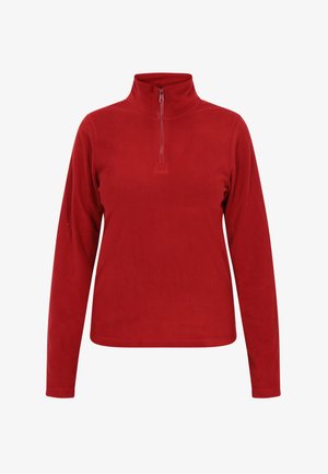 Pulover roșu din fleece, cu guler înalt, având un fermoar de lungime medie. Mâneci lungi și o textură netedă. Fără modele sau accente vizibile.