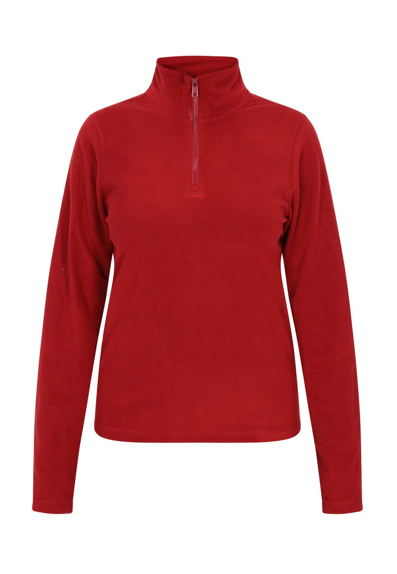 Czerwony polarowy sweter z kołnierzykiem, z półdługim zamkiem błyskawicznym. Długie rękawy i gładka faktura. Brak widocznych wzorów lub akcentów.