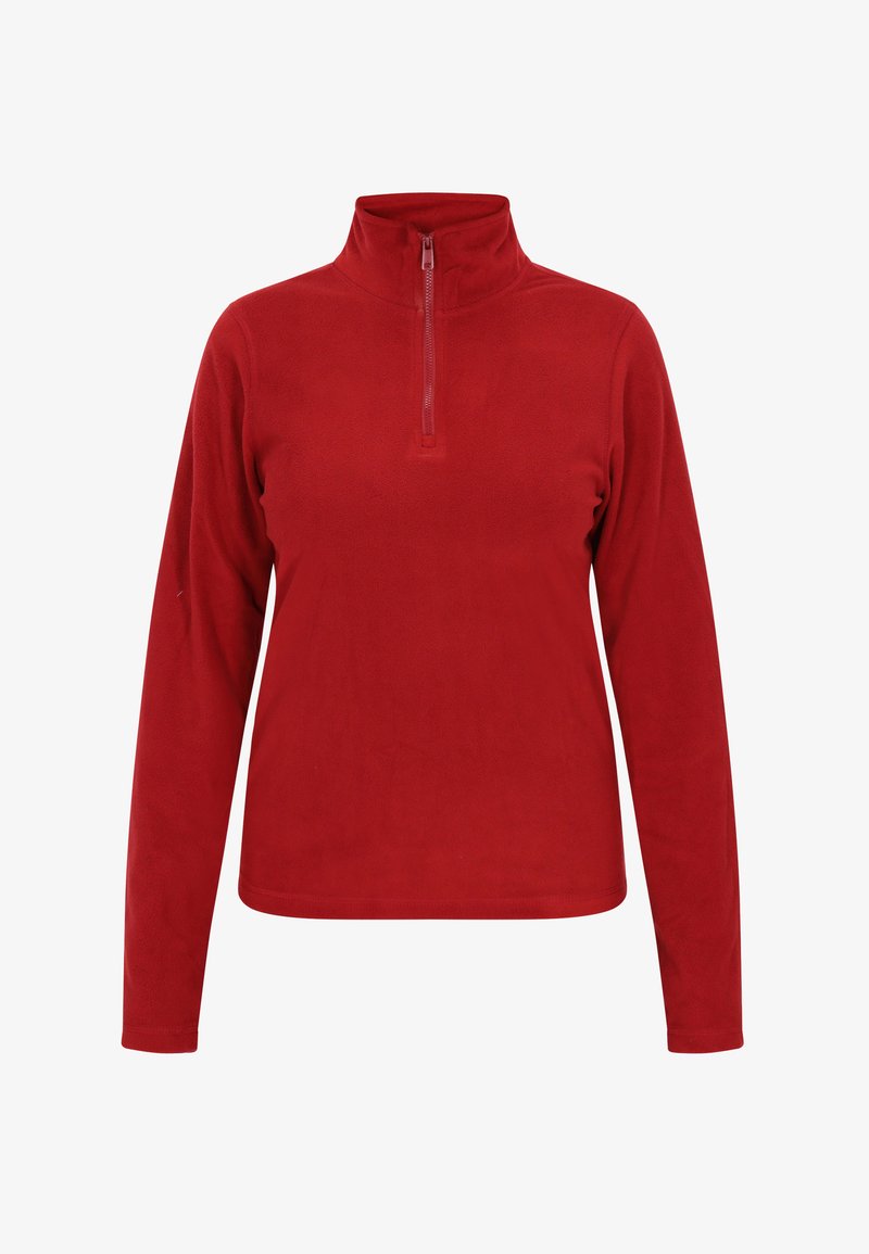 Czerwony polarowy sweter z kołnierzykiem, z półdługim zamkiem błyskawicznym. Długie rękawy i gładka faktura. Brak widocznych wzorów lub akcentów.