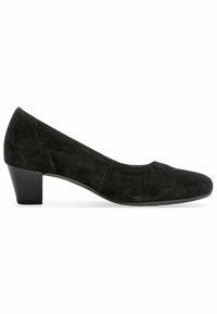 Black suede pump with a rounded toe, low block heel, and smooth texture. Simple design without additional patterns or embellishments.