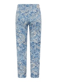 Pantalons à motif floral bleu avec une texture douce, une coupe fuselée et une taille mi-haute. Présente des motifs paisley et des fleurs blanches sur toute la surface.