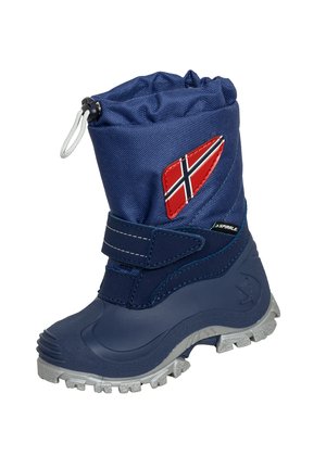Navy blue waterproof winter boot with a padded top, Velcro strap, textured sole, and a red and white accent patch featuring a flag design.