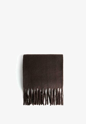 Écharpe en laine brun avec une texture douce, de forme rectangulaire et aux bords à franges. Le matériau semble chaud et confortable, conçu pour le confort.