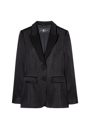 Schwarzer Satin-Blazer mit einem Reverskragen, zwei Fronttaschen und zwei Knöpfen. Glatte Textur mit einer taillierten Silhouette und strukturiertem Design.