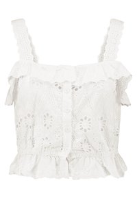 Top corto senza maniche in cotone bianco con ricami ad occhio di pernice, colletto arricciato, chiusura frontale con bottoni e orlo arricciato elastico.