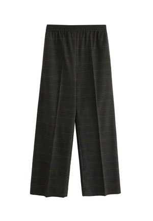 Pantaloni grigi scuri a vestibilità morbida con vita elasticizzata e un leggero motivo a scacchi, esposti piatti su uno sfondo bianco.