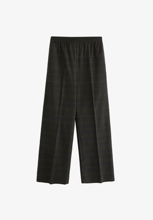 Pantaloni grigi scuri a vestibilità morbida con vita elasticizzata e un leggero motivo a scacchi, esposti piatti su uno sfondo bianco.