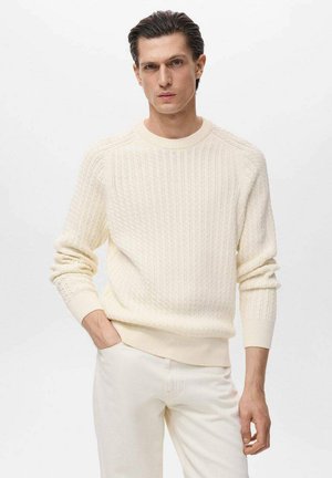 Jersey de punto trenzado en crema con cuello redondo acanalado y mangas largas, que presenta un detalle texturizado y un ajuste relajado, combinado con pantalones claros.