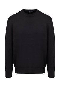 Maglione nero lavorato a maglia con scollo rotondo, maniche lunghe, polsini e orlo a coste. Caratterizzato da una texture liscia e un design semplice e uniforme.