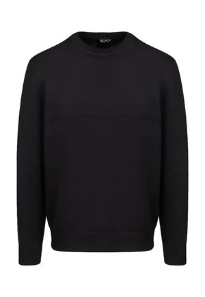 Suéter negro de punto con cuello redondo, mangas largas, puños y dobladillo acanalados. Presenta una textura suave y un diseño sencillo y liso.