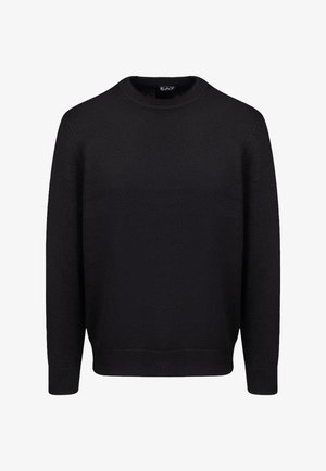 Suéter negro de punto con cuello redondo, mangas largas, puños y dobladillo acanalados. Presenta una textura suave y un diseño sencillo y liso.