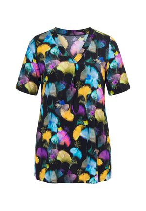 Ulla Popken, SLINKY-LONGSHIRT, GINKGO, A-LINIE, V-AUSSCHNITT, HALBARM - T-Shirt print - black