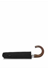 Czarna parasolka z drewnianym, zakrzywionym uchwytem. Metalowe akcenty przy otwarciu. Przechowywana w materiałowej osłonie w kolorze pasującym do parasolki.