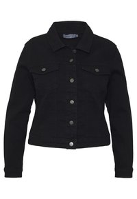 Czarna kurtka dżinsowa z zapięciem na guziki z przodu, dwiema kieszeniami na piersi oraz kołnierzem. Posiada długie rękawy oraz dopasowany krój.