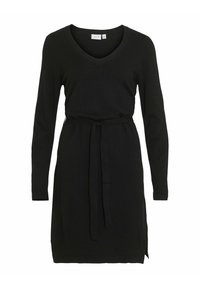 Svart långärmad klänning med V-ringning och knytning i midjan. Slät tyg med sidoklyvor för enkel rörelse. Minimalistisk design, inga mönster.