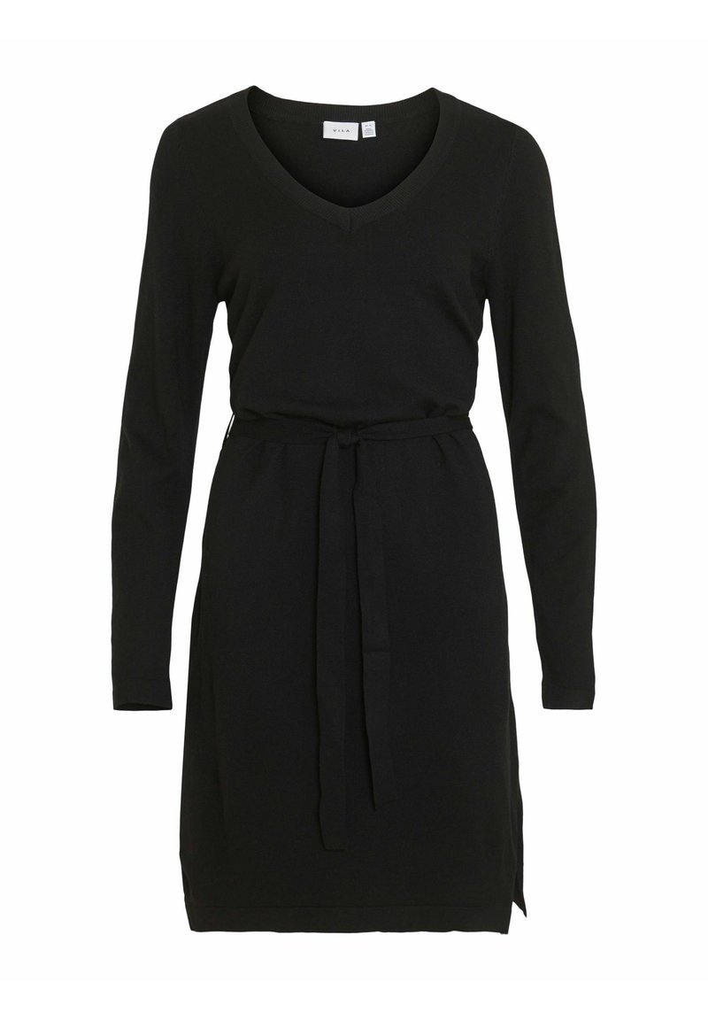 Svart långärmad klänning med V-ringning och knytning i midjan. Slät tyg med sidoklyvor för enkel rörelse. Minimalistisk design, inga mönster.