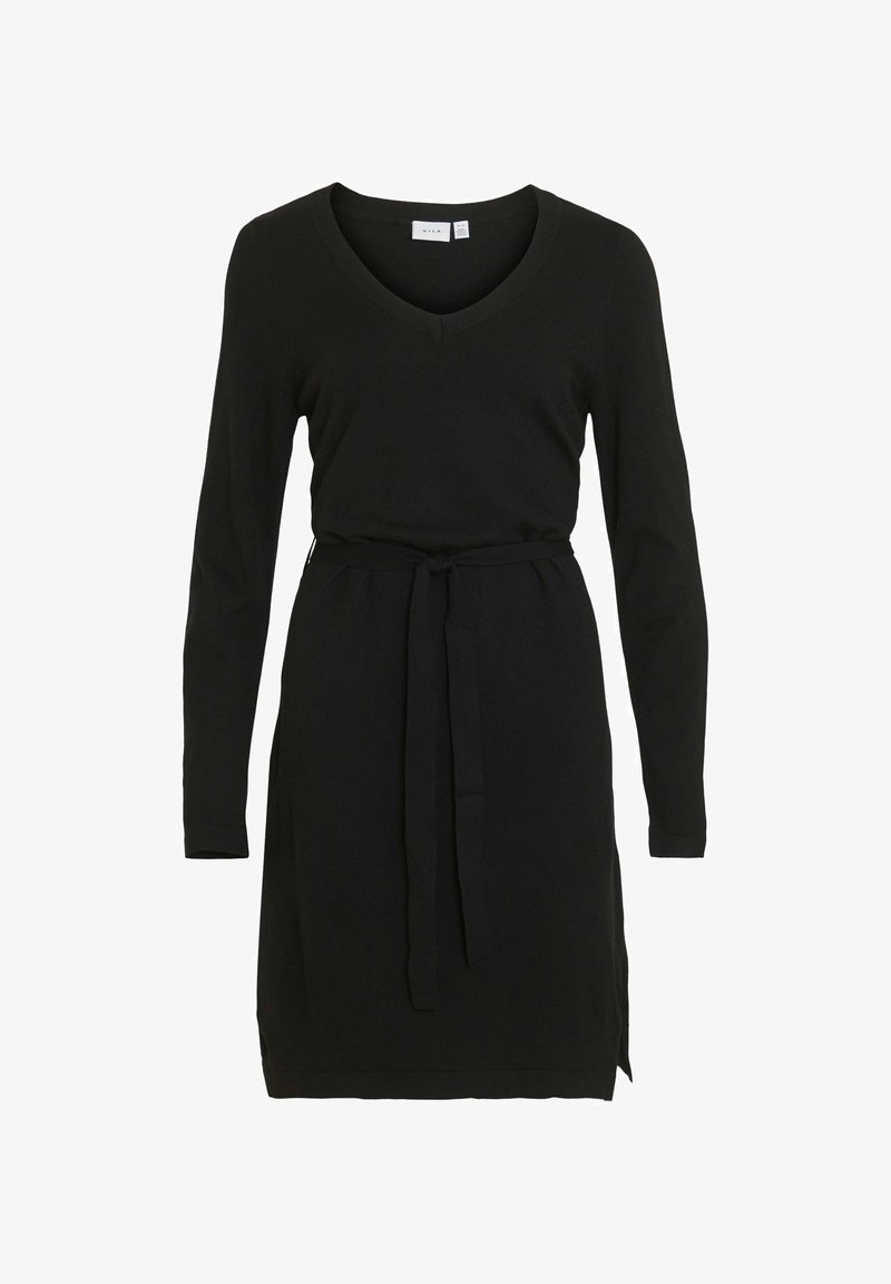 Svart långärmad klänning med V-ringning och knytning i midjan. Slät tyg med sidoklyvor för enkel rörelse. Minimalistisk design, inga mönster.