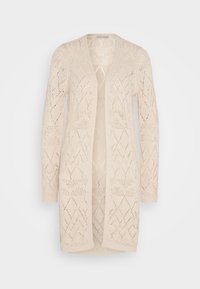 Beżowy kardigan dzianinowy z otwartym przodem, długimi rękawami i wzorem ażurowym w kształcie diamentów na całej powierzchni.