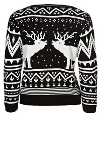 Maglione lavorato a maglia bianco e nero con scollo rotondo, caratterizzato da renne, motivi geometrici e una superficie strutturata.