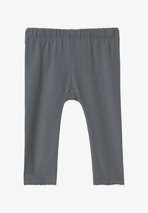 Graue Leggings aus weichem, dehnbarem Stoff mit einem elastischen Bund. Mit einem gewellten Saum an den Knöcheln und einer glatten Textur.