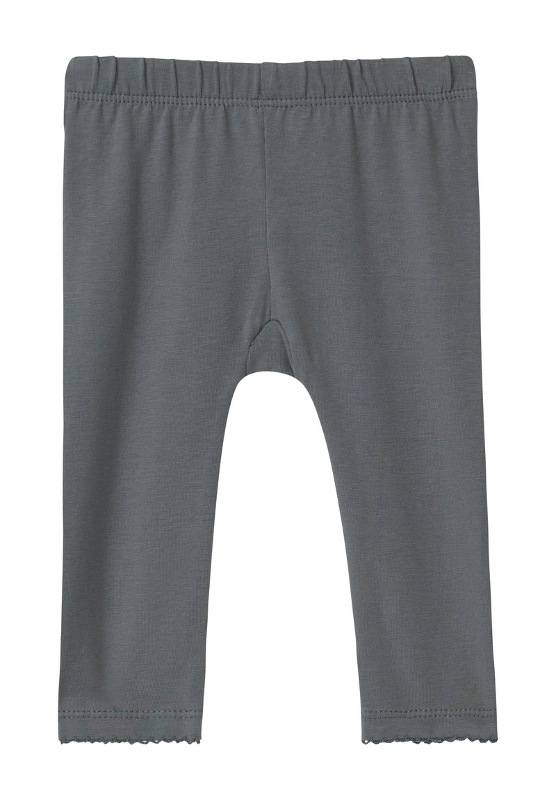 Graue Leggings aus weichem, dehnbarem Stoff mit einem elastischen Bund. Mit einem gewellten Saum an den Knöcheln und einer glatten Textur.