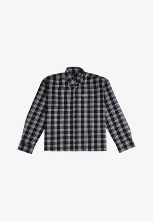 Camicia a maniche lunghe a quadri nera e grigia realizzata in tessuto morbido, con colletto button-down e logo ricamato sul petto.