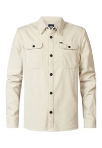 Baumwoll-Corduroy-Hemd in Off-White mit schwarzen Knöpfen, zwei Brusttaschen und einem spitzen Kragen. Mit geriffelter Textur ausgestattet.