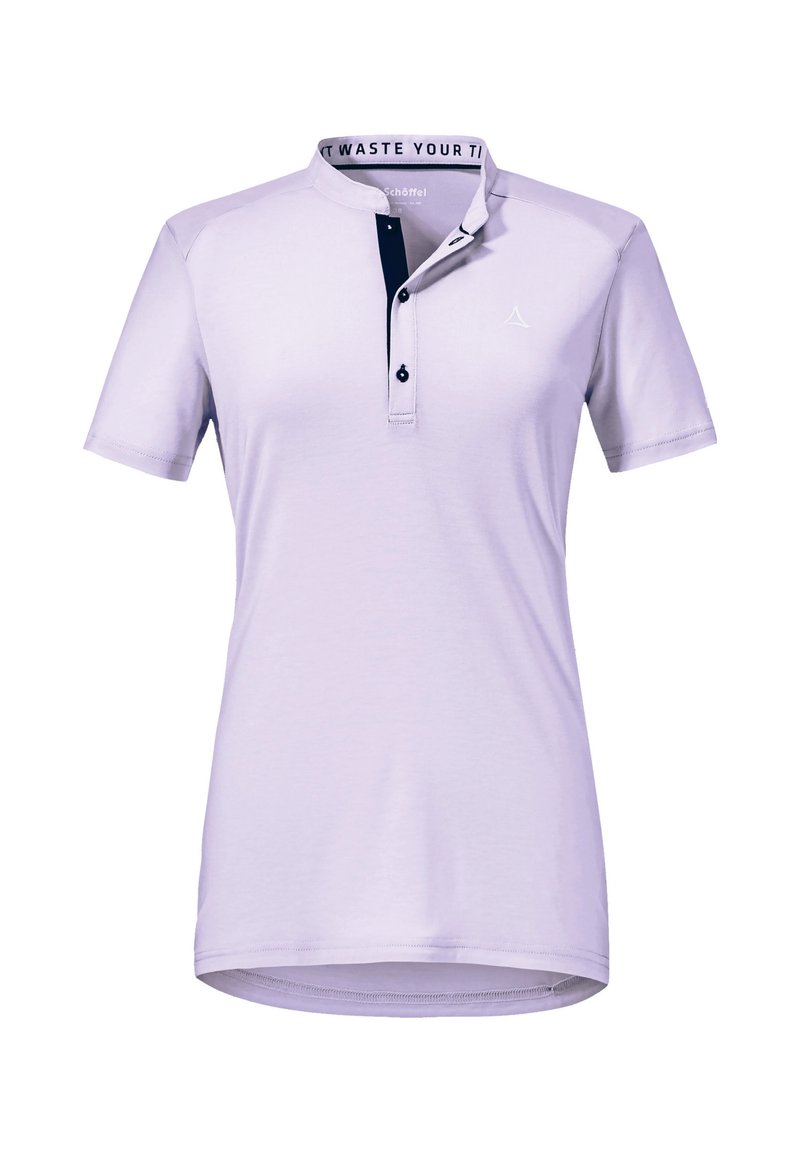Polo shirt met korte mouwen in lichtpaars, gemaakt van zacht materiaal. Het shirt heeft een knoopsluiting met een donkerblauw accent en een contrasterende binnenkraag.
