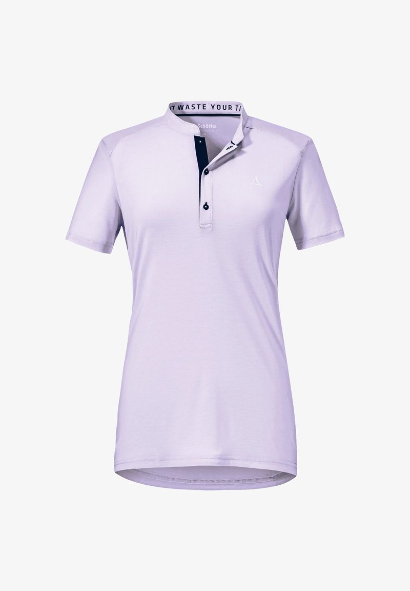 Polo shirt met korte mouwen in lichtpaars, gemaakt van zacht materiaal. Het shirt heeft een knoopsluiting met een donkerblauw accent en een contrasterende binnenkraag.
