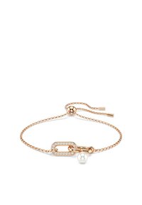 Pulsera de cadena en oro rosa con un eslabón grande que presenta piedras transparentes, un acento interconectado más pequeño y un detalle de perla. Longitud ajustable.