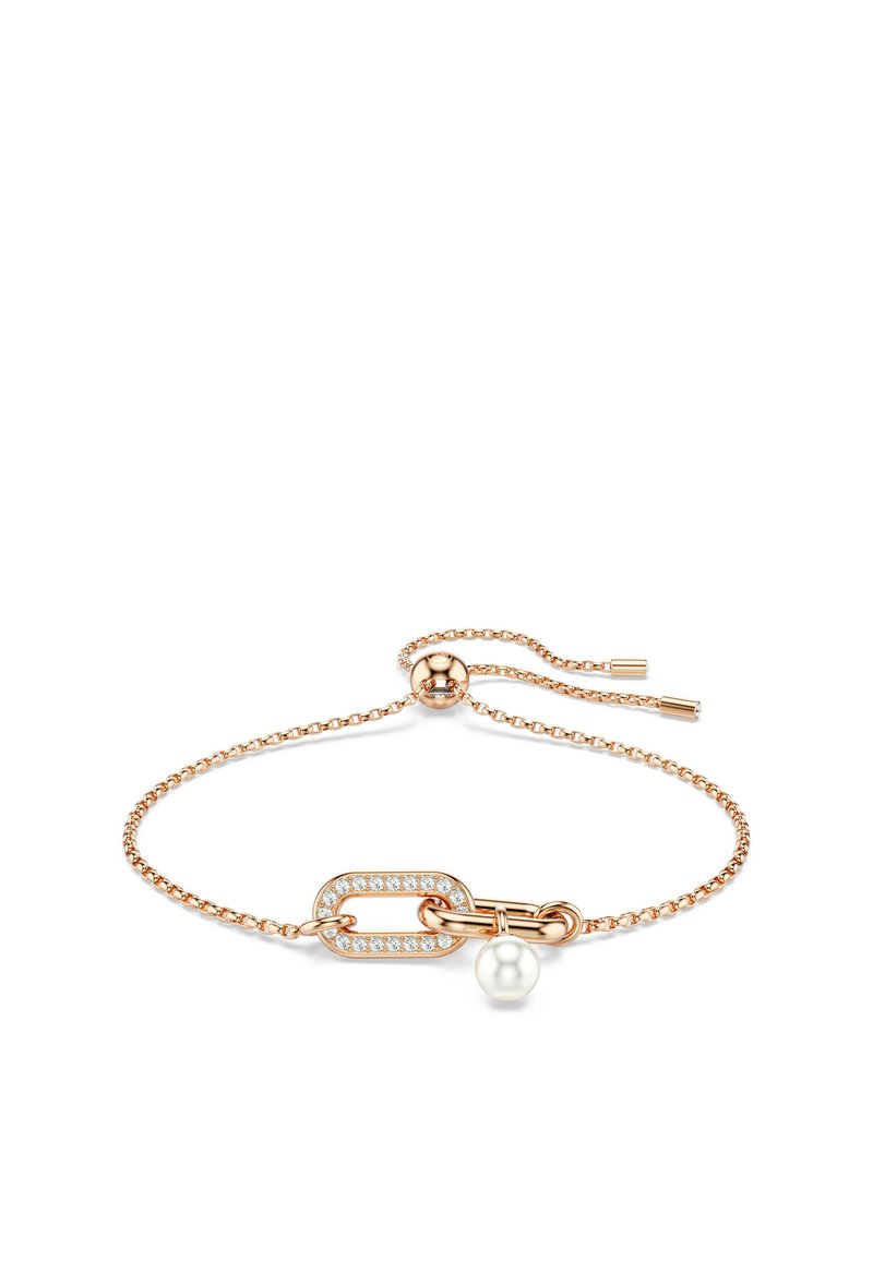 Pulsera de cadena en oro rosa con un eslabón grande que presenta piedras transparentes, un acento interconectado más pequeño y un detalle de perla. Longitud ajustable.