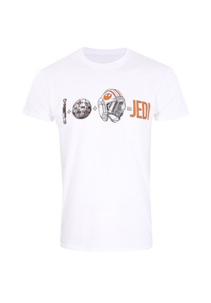 T-shirt bianca in cotone con una grafica di una spada laser, un pallone da calcio e un casco, con la scritta "JEDI" in testo arancione.
