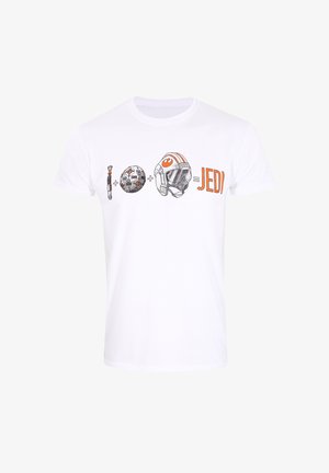 Bílá bavlněná tričko s grafikou světelného meče, fotbalového míče a helmy, s nápisem "JEDI" v oranžovém písmu.