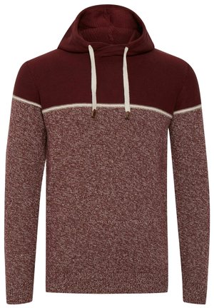 Burgundy hooded sweatshirt with a textured knit, featuring a cream stripe across the chest and drawstrings with wooden accents.