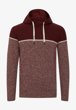 Burgundy hooded sweatshirt with a textured knit, featuring a cream stripe across the chest and drawstrings with wooden accents.
